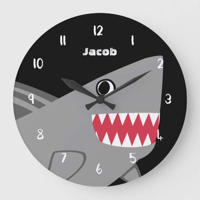 Grande Horloge Ronde Enfants Personnalisé Cute Gris Requin Noir et Blan (Recto)