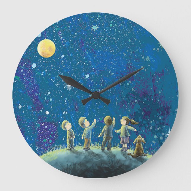 Grande Horloge Ronde Enfants Regardant Night Sky (Recto)