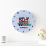 Grande Horloge Ronde Enfants Train Boys Blue Custom Name<br><div class="desc">Bleu,  train,  transport,  locomotive,  véhicule,  attention aux enfants. Personnalisé,  Enfants,  Nom,  horloge bleu acier. Personnalisez-le avec le nom de votre enfant.</div>