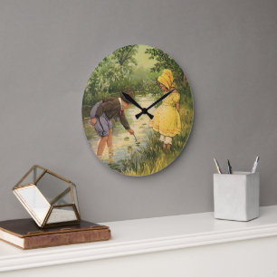 Grande Horloge Ronde Enfants Vintage, garçon et fille jouant au ruissea