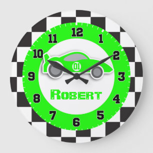 Grande Horloge Ronde Enfants voiture vert à damiers nom du drapeau horl