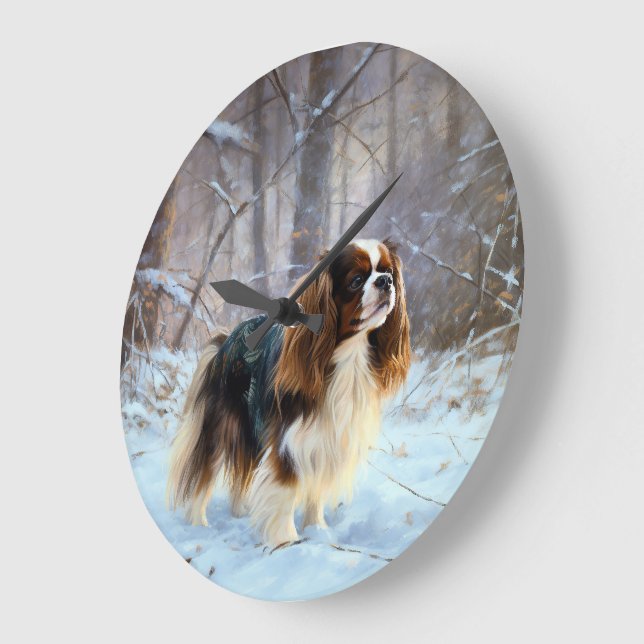 Grande Horloge Ronde English Toy Spaniel Laisser Neige Noël (Angle)