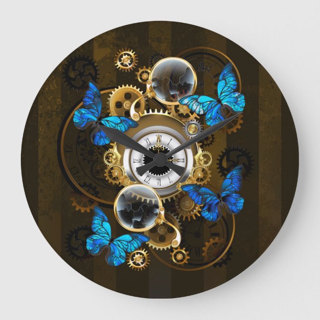 Grande Horloge Ronde Engrenages Steampunk et papillons bleus (Recto)