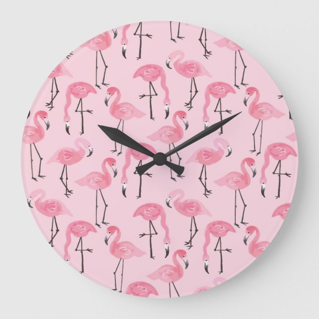 Grande Horloge Ronde Ensemble Flamant rose rose, Motif d'été tropical. (Recto)