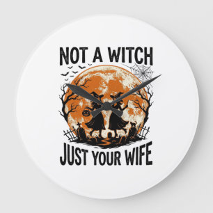 Grande Horloge Ronde Épouse drôle Halloween Vintage Sorcière Lune Desig