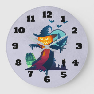 Grande Horloge Ronde Épouvantail de Halloween avec des chauves-souris
