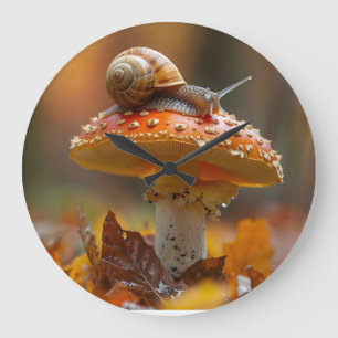 Grande Horloge Ronde Escargot au-dessus du champignon scène nature mign