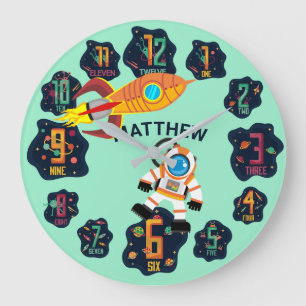 Grande Horloge Ronde Espace Garçons Astronaute Fusée Planètes Extraterr