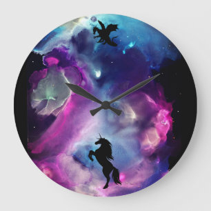 Grande Horloge Ronde Espace Imaginaire Nebula Unicorn Dragon bleu rose