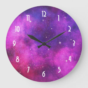 Grande Horloge Ronde Espace rose & violet & Étoiles Faux Galaxy