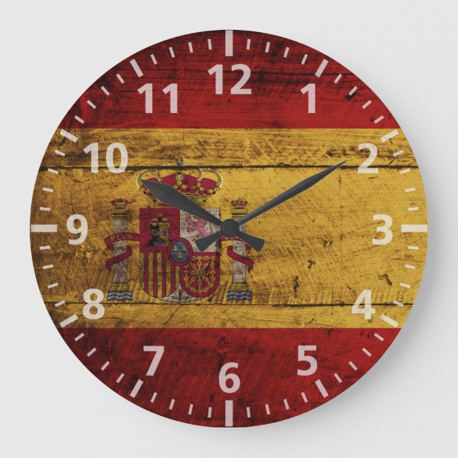 Grande Horloge Ronde Espagne Drapeau sur le vieux grain de bois (Recto)