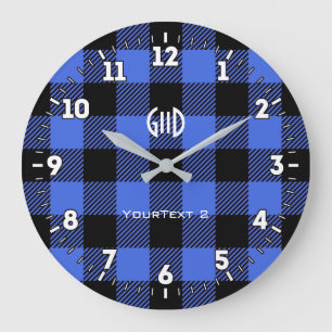 Grande Horloge Ronde Esprit nordique personnalisé Bleu Check Plaid