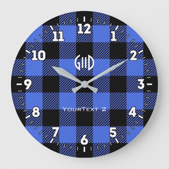 Grande Horloge Ronde Esprit nordique personnalisé Bleu Check Plaid (Recto)