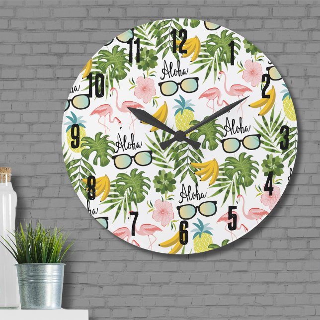 Grande Horloge Ronde Été Amusants Motif Tropical (Fun Cute Tropical Pineapple Pink Flamingo Pattern Large Clock)