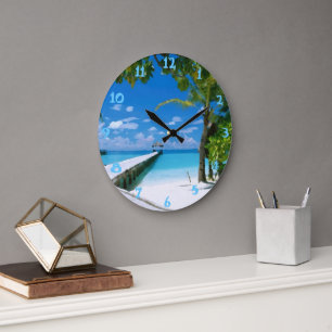Grande Horloge Ronde Été tropical plage océan aquarelle
