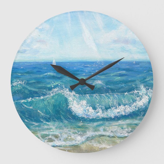 Grande Horloge Ronde Eté, vagues bleues, peinture acrylique. (Recto)
