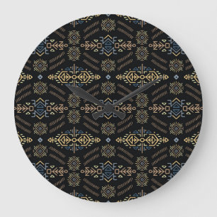 Grande Horloge Ronde Ethnic Vintage : Motif sans couture tiré à la main
