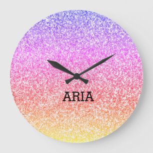Grande Horloge Ronde Étincelant élégant arc-en-ciel girly coloré mignon