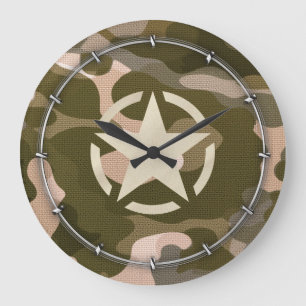 Grande Horloge Ronde Étiquette étoile sur toile de jute Style camouflag