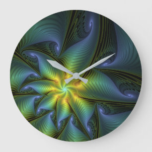 Grande Horloge Ronde Etoile Abstraite, Bleu brillant Vert Or Fractal Ar