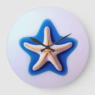 Grande Horloge Ronde Étoile de mer orange sur fond bleu
