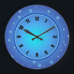 Grande Horloge Ronde Étoiles bleues<br><div class="desc">10.75" round acrylic clock with image of luminous blue stars on luminous blue. Easy-to-read clock face on a luminous orb with a dark blue and light blue border. See the entire Hanukkah Clock collection under the HOME category in the HOLIDAYS section.</div>