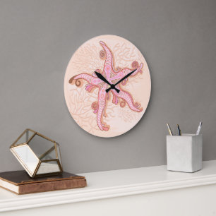 Grande Horloge Ronde Étoiles de mer et motif pastel rose corail