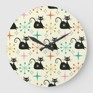 Grande Horloge Ronde Étoiles du milieu du siècle avec chat atomique noi