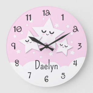 Grande Horloge Ronde Étoiles et Nuages Mignons en Rose pour Enfants