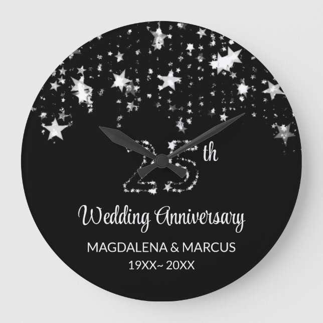 Grande Horloge Ronde Étoiles Et Numéros Silver brillants (Recto)