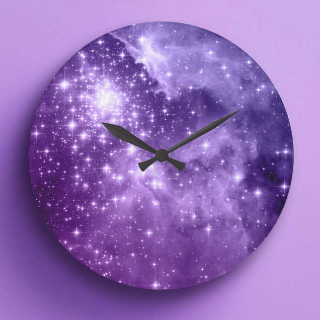 Grande Horloge Ronde Étoiles magiques violettes (Purple Magic Stars Large Clock)