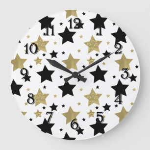 Grande Horloge Ronde Étoiles noires dorées