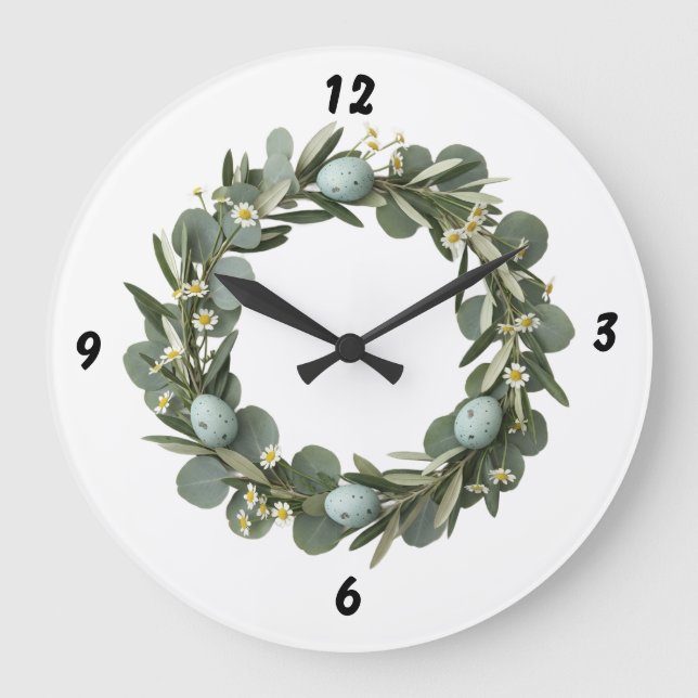 Grande Horloge Ronde Eucalyptus & Daisy Spring Wreath Wall Clock (Recto)