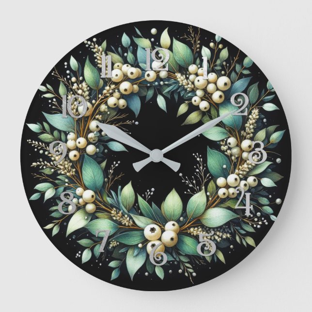 Grande Horloge Ronde Eucalyptus et Snowberries Wreath Chalk Pastel (Recto)