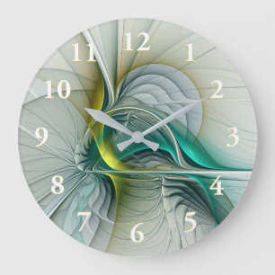 Grande Horloge Ronde Évolution fractale, art abstrait turquoise doré
