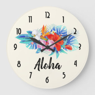 Grande Horloge Ronde Exotic Tropical Flowers - Pink & Aquamarines