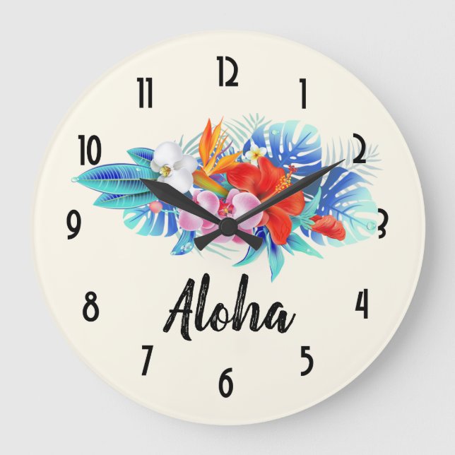 Grande Horloge Ronde Exotic Tropical Flowers - Pink & Aquamarines (Recto)