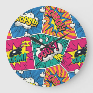 Grande Horloge Ronde Explosion de bande dessinée rétro POOF Pop Art Tim