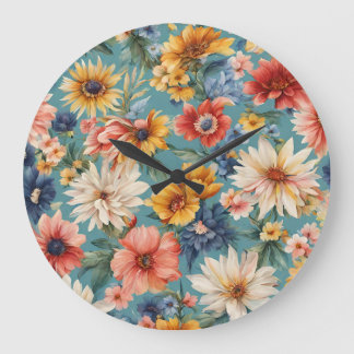 Grande Horloge Ronde Extraordinaire Elégante Fleurs d'été douces