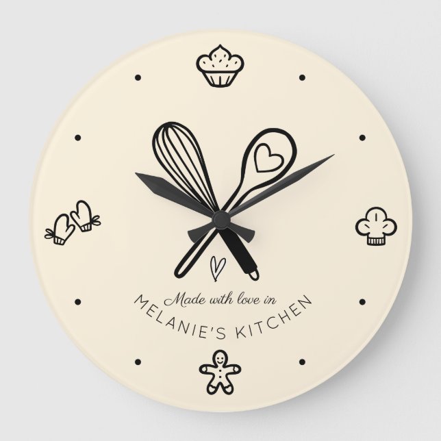 Grande Horloge Ronde Fabriqué Avec Amour Cute Baking Whisk Pale Jaune (Recto)