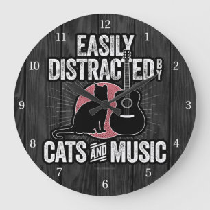 Grande Horloge Ronde Facilement distrait par les chats et la musique