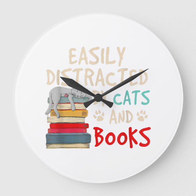 Grande Horloge Ronde Facilement distrait par les chats et les livres -  (Recto)