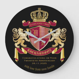 Grande Horloge Ronde Faites votre propre blason d'armoiries d'or rouge