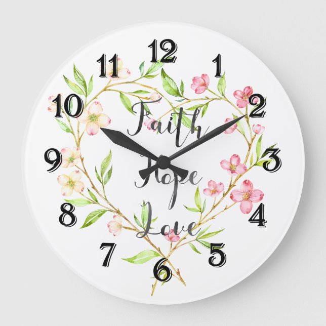 Grande Horloge Ronde Faith Hope Love Rose Aquarelle Coeur Floral (Recto)