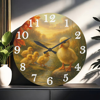 Grande Horloge Ronde Famille de canards joyeuse dans le ruisseau d'auto