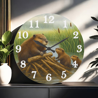 Grande Horloge Ronde Famille de castors dans un havre de zone humide