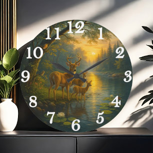 Grande Horloge Ronde Famille de cerfs tranquilles dans une forêt ensole