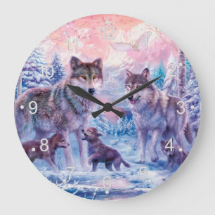 Grande Horloge Ronde Famille De Loups Peinture