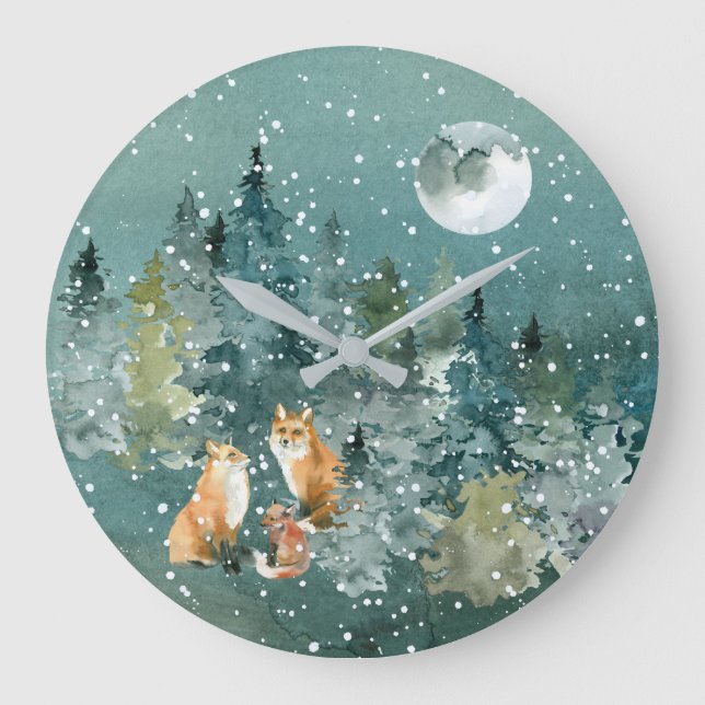 Grande Horloge Ronde Famille Fox en forêt Pleine lune neige (Recto)