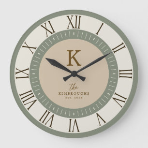 Grande Horloge Ronde Famille Monogramme Moderne Élégant Crème Sauge Tan